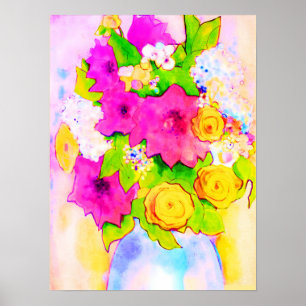 Colourful Pinks Yellows Greens Flowers Vase Poster