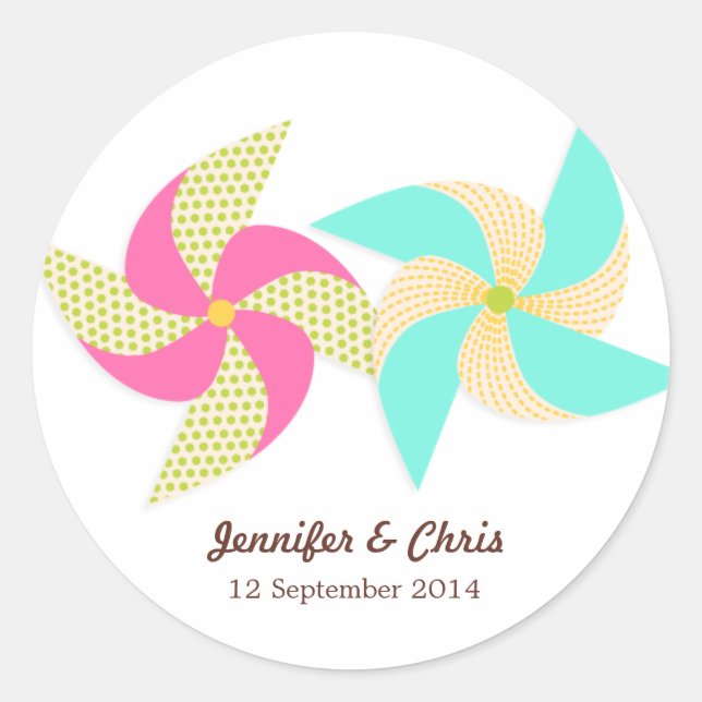 Colourful Pinwheel Themed Wedding Classic Round Sticker (Front)