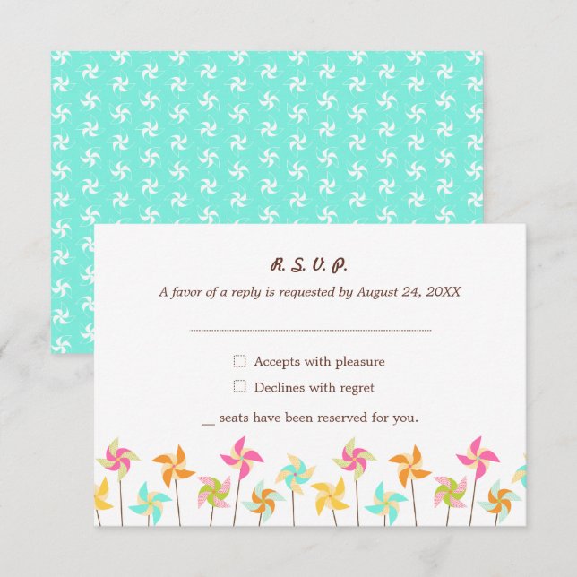 Colourful Pinwheel Themed Wedding RSVP Card (Front/Back)
