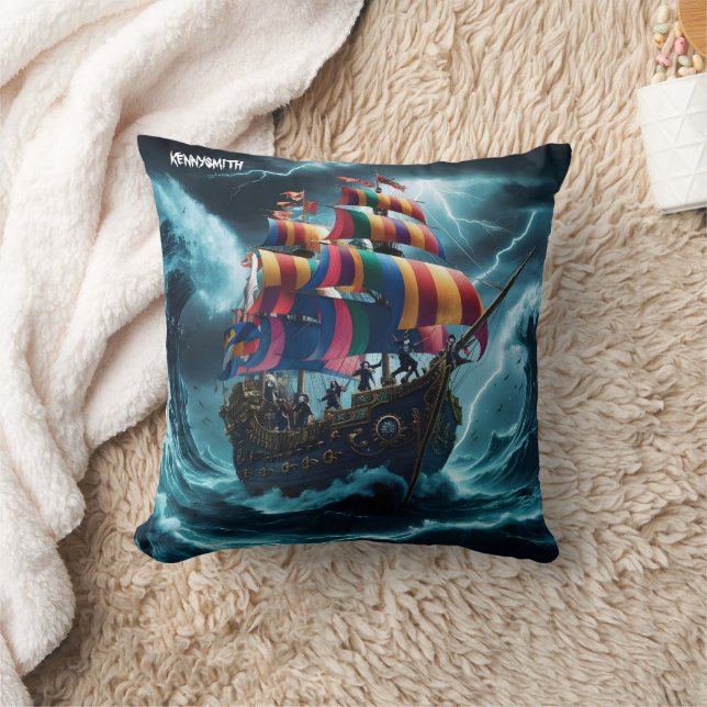 Colourful Pirate Ship Battling Stormy Seas Cushion (Blanket)