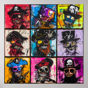 Colourful Pirate Skull Portraits Bold Graffiti gri Poster