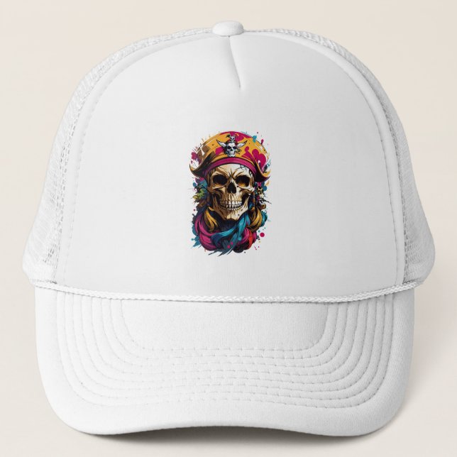 Colourful Pirate Skull Trucker Hat (Front)