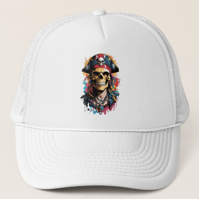Colourful Pirate Skull Trucker Hat (Front)