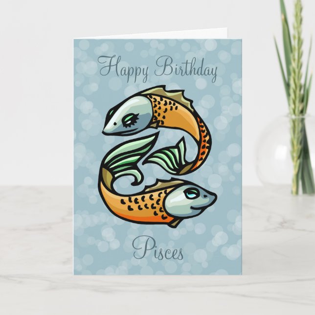 Colourful Pisces Fish on Blue Birthday Card (Front)