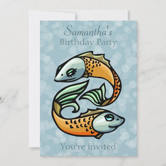 Colourful Pisces Fish on Blue Birthday Party Invitation (Front)
