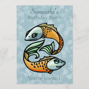 Colourful Pisces Fish on Blue Birthday Party Invitation