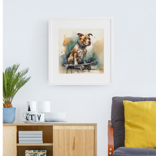 colourful pittbul sitting on skateboard poster