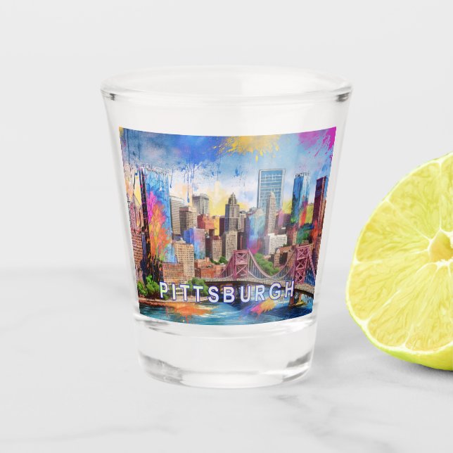 Colourful Pittsburgh Skyline Abstract Art Shot Glass (Front)