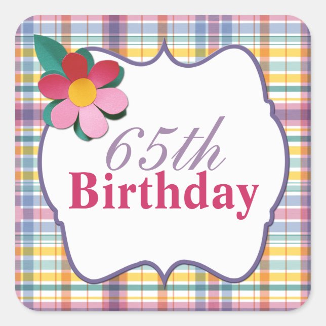 Colourful Plaid 65th Birthday Sticker (Front)