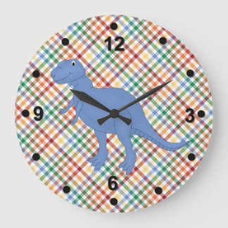Colourful Plaid & Dinosaur Kid's Clock