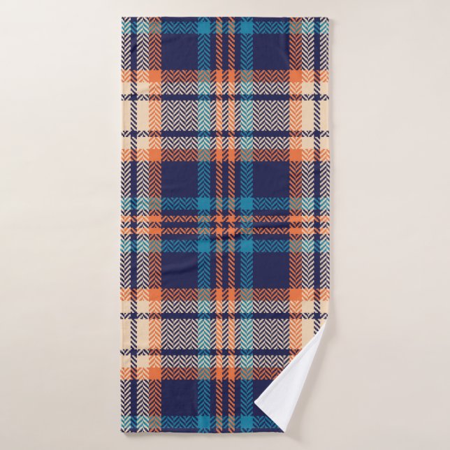 Colourful plaid pattern in blue, orange, beige. He Bath Towel (Bath Towel)