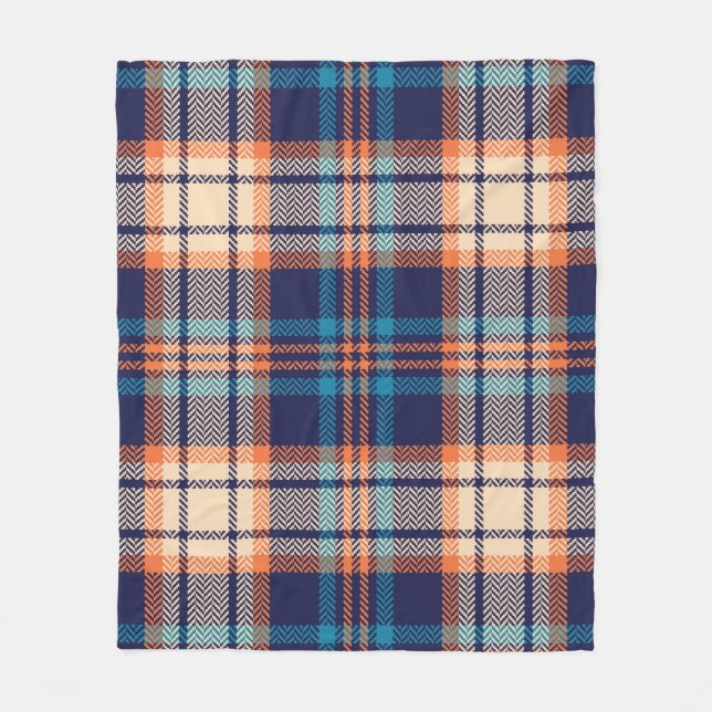 Colourful plaid pattern in blue, orange, beige. He Fleece Blanket (Front)