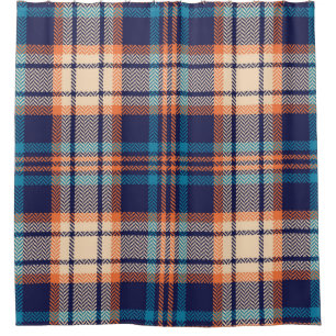 Colourful plaid pattern in blue, orange, beige. He Shower Curtain