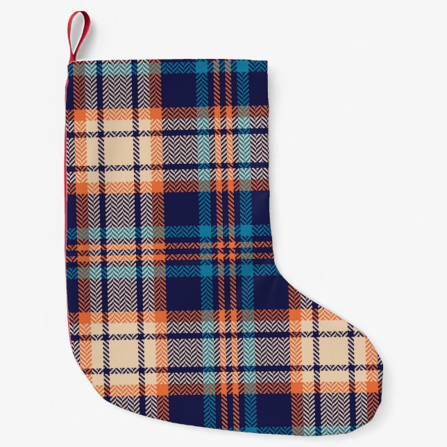 Colourful plaid pattern in blue, orange, beige. He Small Christmas Stocking (Front)