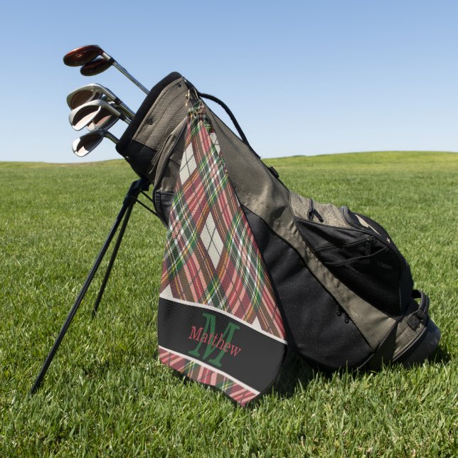 Colourful Plaid Tartan Initial Monogram Golf Towel (Green)
