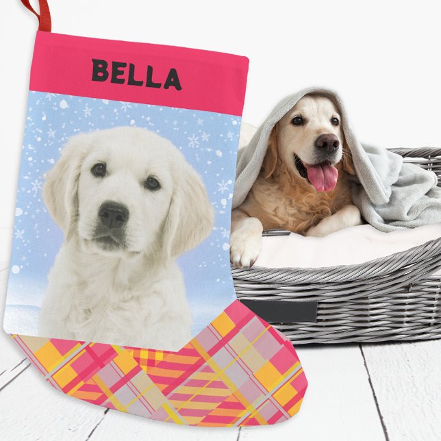 Colourful Plaid Your Dog Photo Name Pet Lover Small Christmas Stocking (A colorful Christmas stocking with red and yellow plaid pattern. Add your dog's name and photo)