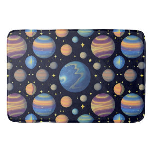Colourful Planets and Stars in Outer Space Bath Mat