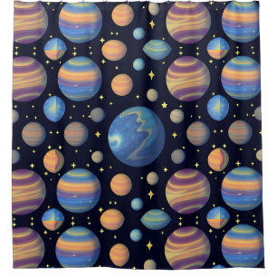 Colourful Planets and Stars in Outer Space Shower Curtain