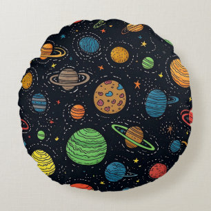 Colourful Planets and Stars Seamless Pattern Round Cushion
