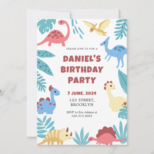 Colourful Playful Illustrative Dinosaur Birthday Invitation (Front)