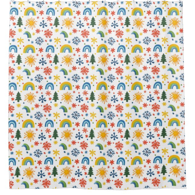 Colourful Playful Pattern with Rainbows and Flower Shower Curtain (Front)
