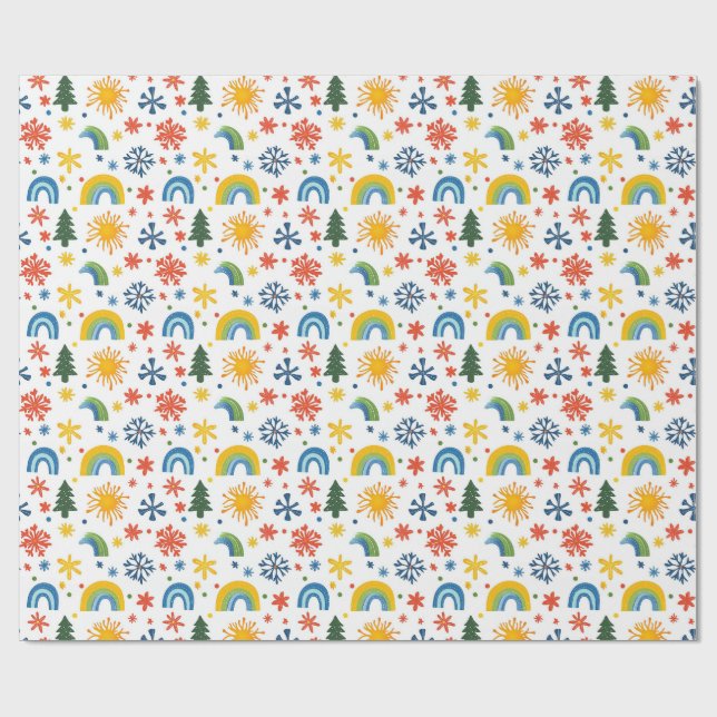 Colourful Playful Pattern with Rainbows and Flower Wrapping Paper (Flat)