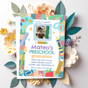 Colourful Playful Photo Preschool Graduation Invitation