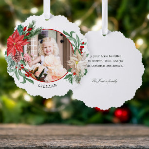 Colourful Poinsettia, Pine & Berries Photo Tree Decoration Card