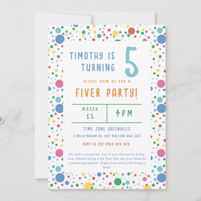 Colourful Pokadot Fiver Party Birthday Invitation (Front)