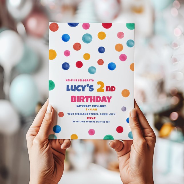 Colourful Polka Dot 2nd Birthday Party Invitation (Creator Uploaded)