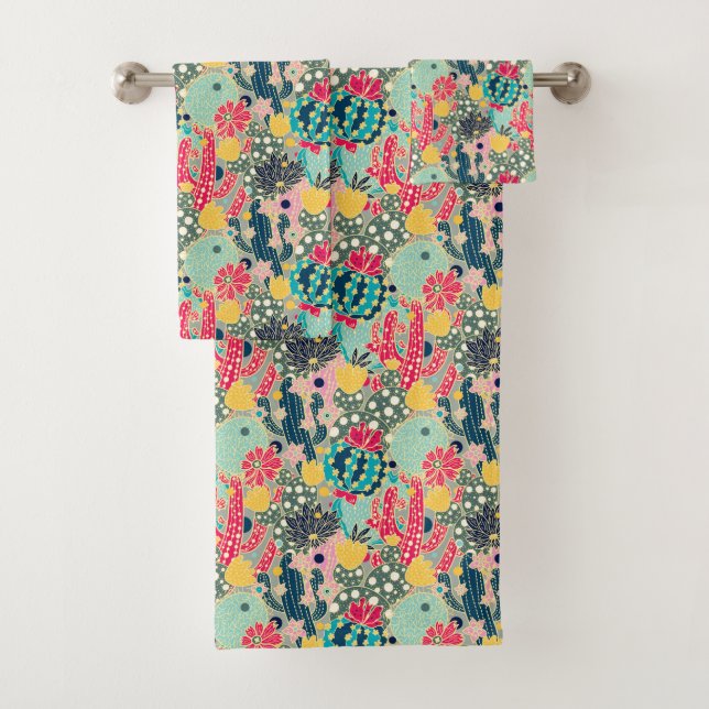 Colourful Polka Dot Cactus Pattern Bath Towel Set (Insitu)