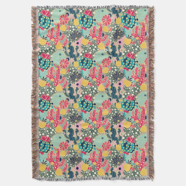 Colourful Polka Dot Cactus Pattern Throw Blanket (Front Vertical)