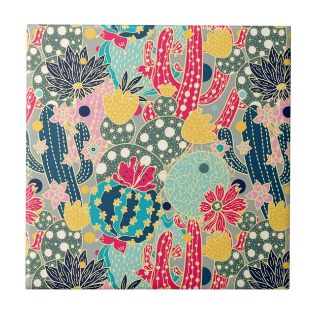 Colourful Polka Dot Cactus Pattern Tile (Front)