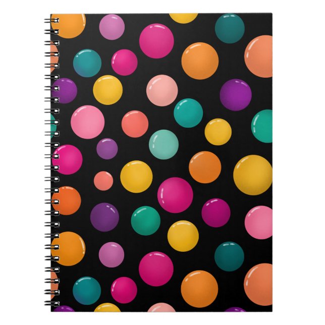 Colourful Polka Dot on Black Background Notebook (Front)