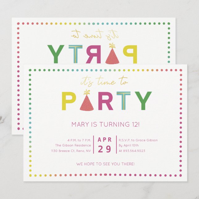 Colourful Polka Dot Party Hat Party Invitation (Front/Back)
