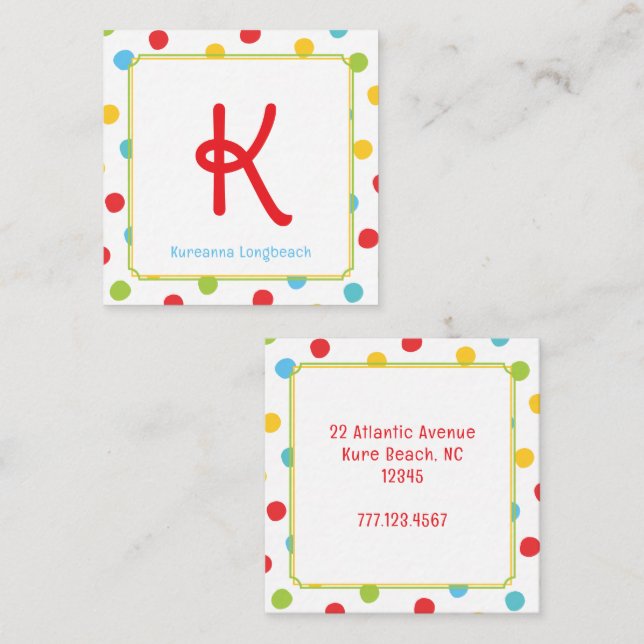 Colourful Polka Dot Preppy Monogram Calling Card (Front/Back)