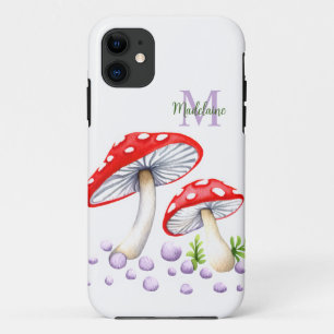 Colourful Polka Dot Watercolor Mushrooms Monogram iPhone 11 Case