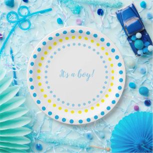 Colourful Polka Dots Baby Boy Gender Reveal Party Paper Plate