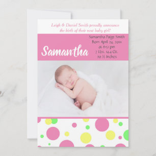 Colourful Polka Dots Baby Girl Photo Birth Announcement