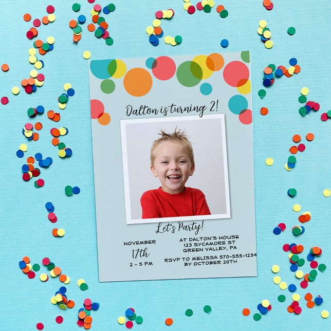 Colourful Polka Dots Boys Photo Birthday Invitation (Creator Uploaded)