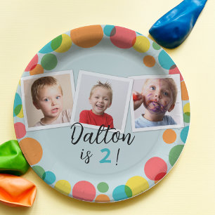Colourful Polka Dots Boys Photos Birthday Paper Plate