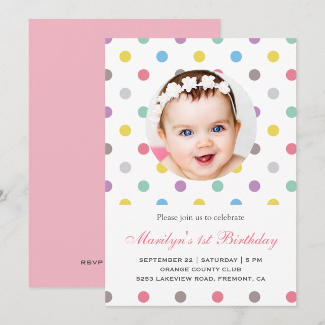 Colourful Polka Dots First Birthday Invitation (Front/Back)