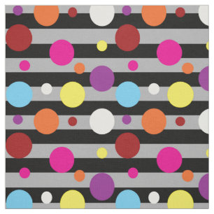 Colourful Polka-dots Grey Black Stripes Pattern Fabric