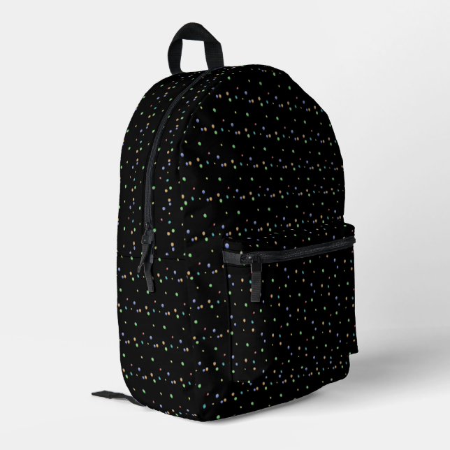 colourful polka dots in black printed backpack (Back Corner Left)