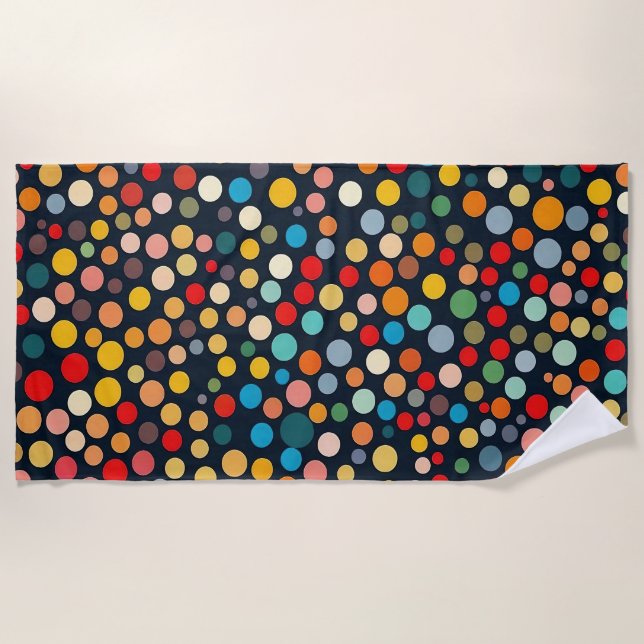 Colourful Polka Dots on Dark Background Beach Towel (Front)