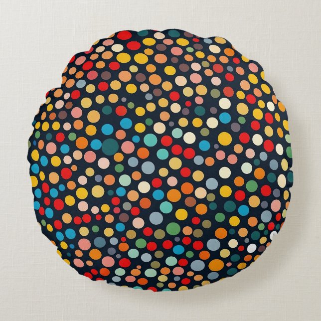 Colourful Polka Dots on Dark Background Round Cushion (Front)