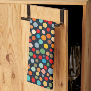 Colourful Polka Dots on Dark Background Tea Towel