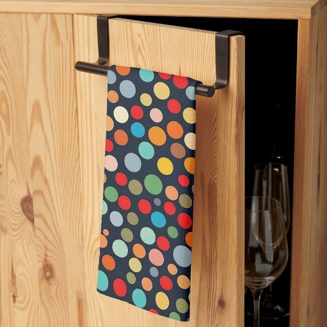 Colourful Polka Dots on Dark Background Tea Towel (Thirds Fold)