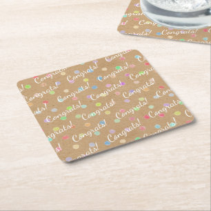 Colourful Polka Dots On Faux Kraft Paper Square Paper Coaster