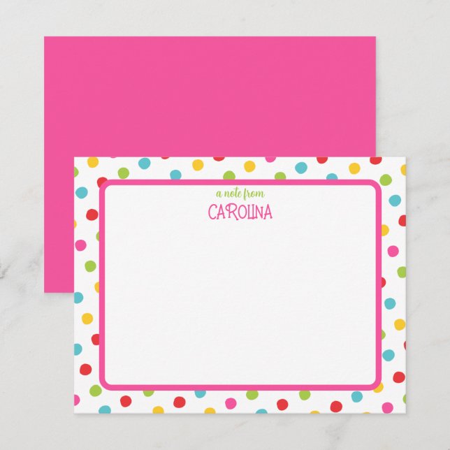 Colourful Polka Dots on Pink Cute Girly Note Card (Front/Back)